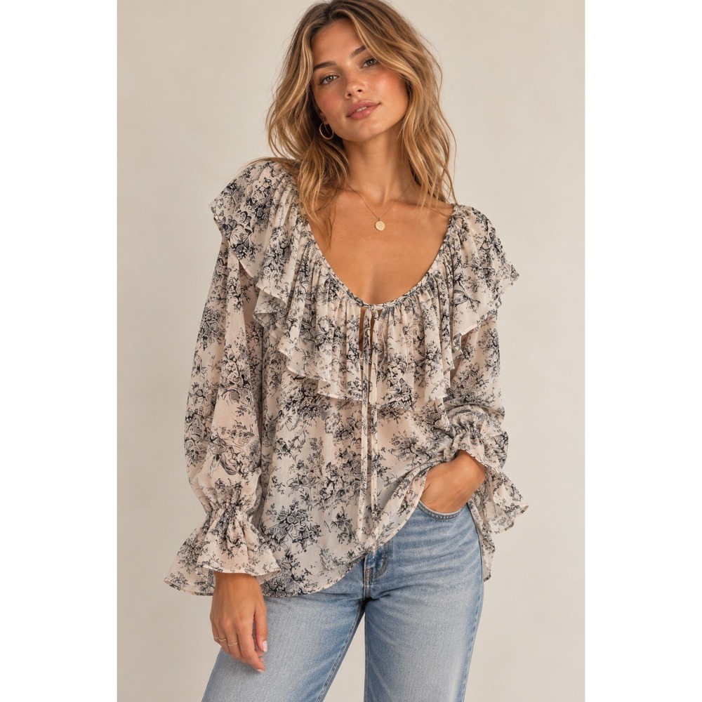 Victorias Secret Toile De Jouy Ruffle Blouse Black White M/L Vintage 90s Y2K